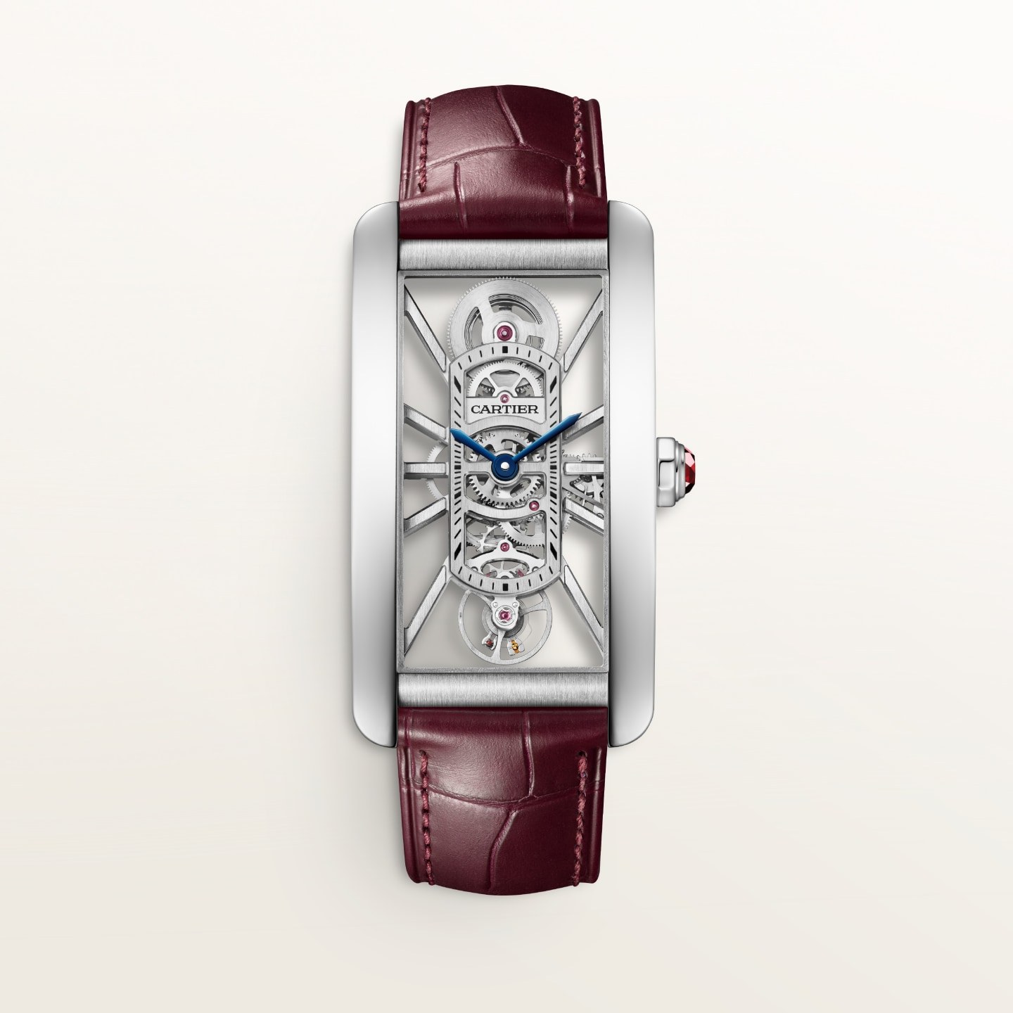Montre Tank Américaine Squelette — Grand modèle, mouvement manuel squelette, platine, cuir