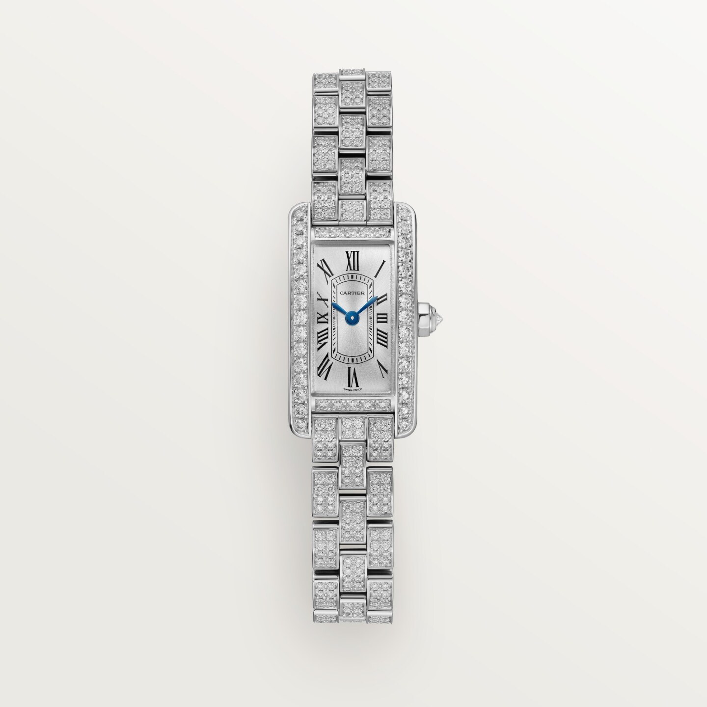 Montre Tank Américaine — Modèle mini, mouvement quartz, or blanc, diamants