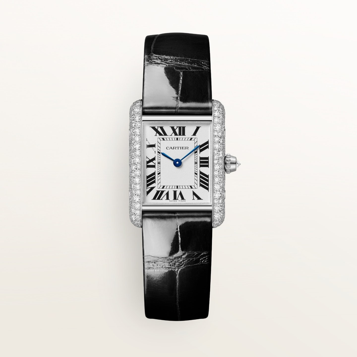 Montre Tank Louis Cartier — Mini modèle, mouvement quartz, or blanc, diamants, cuir