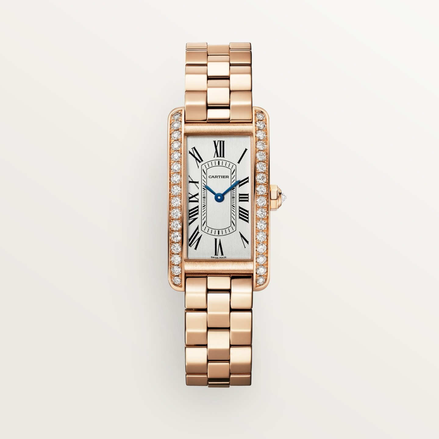 Montre Tank Américaine — Petit modèle, mouvement quartz, or rose, diamants