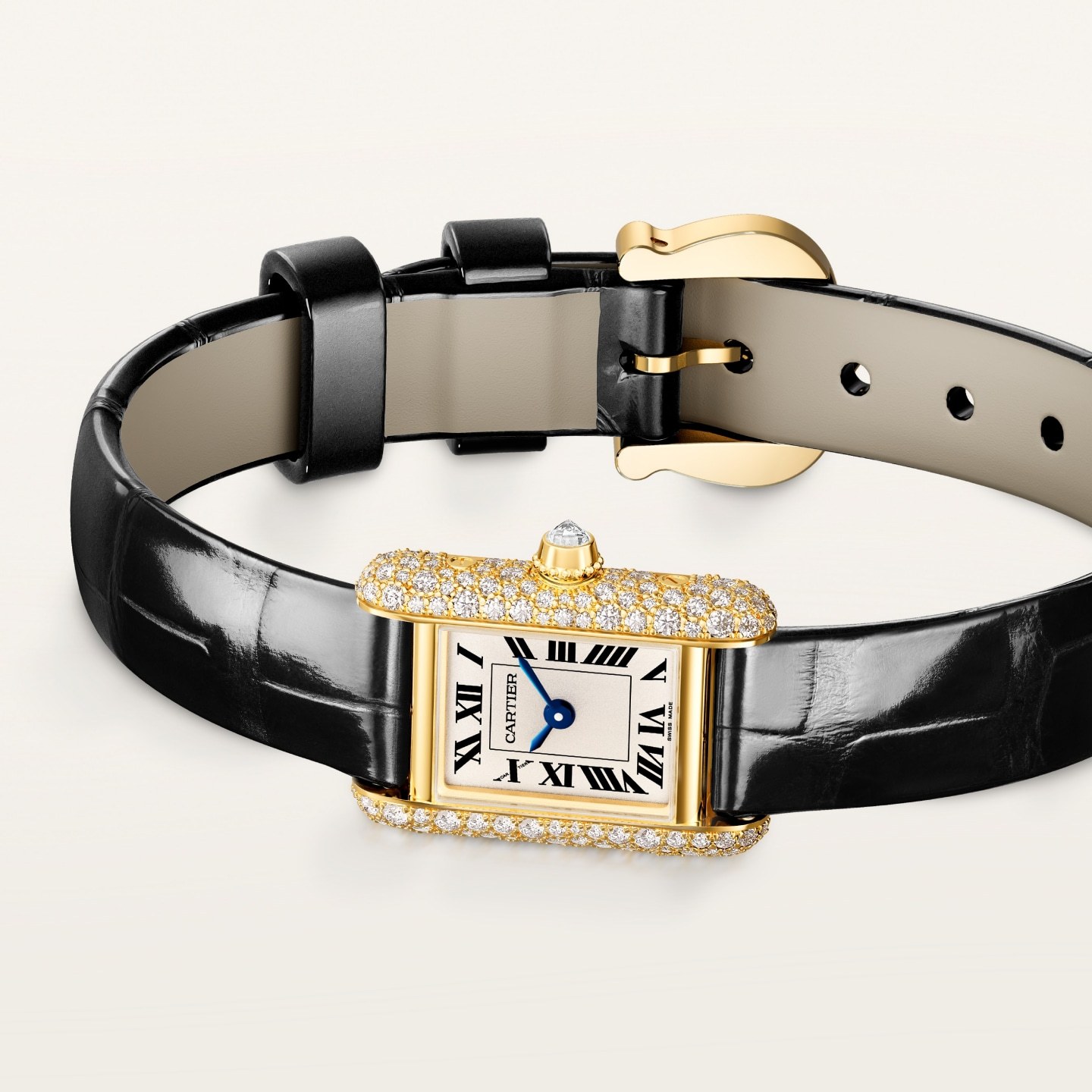 Montre Tank Louis Cartier — Mini modèle, mouvement quartz, or jaune, diamants, cuir