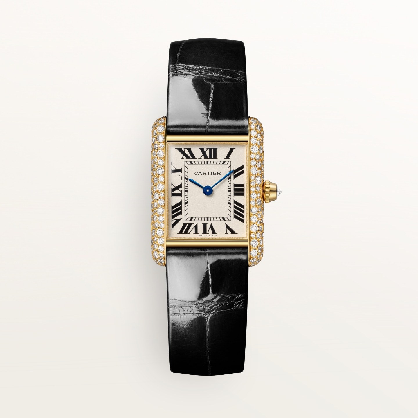 Montre Tank Louis Cartier — Mini modèle, mouvement quartz, or jaune, diamants, cuir