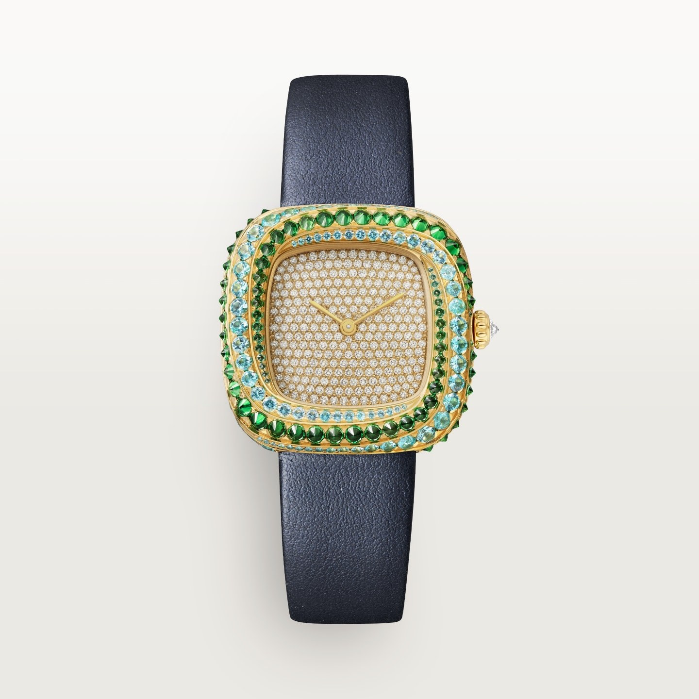 Montre Coussin de Cartier — Moyen modèle, mouvement quartz, or jaune , diamants, tourmalines, tsavorites, cuir
