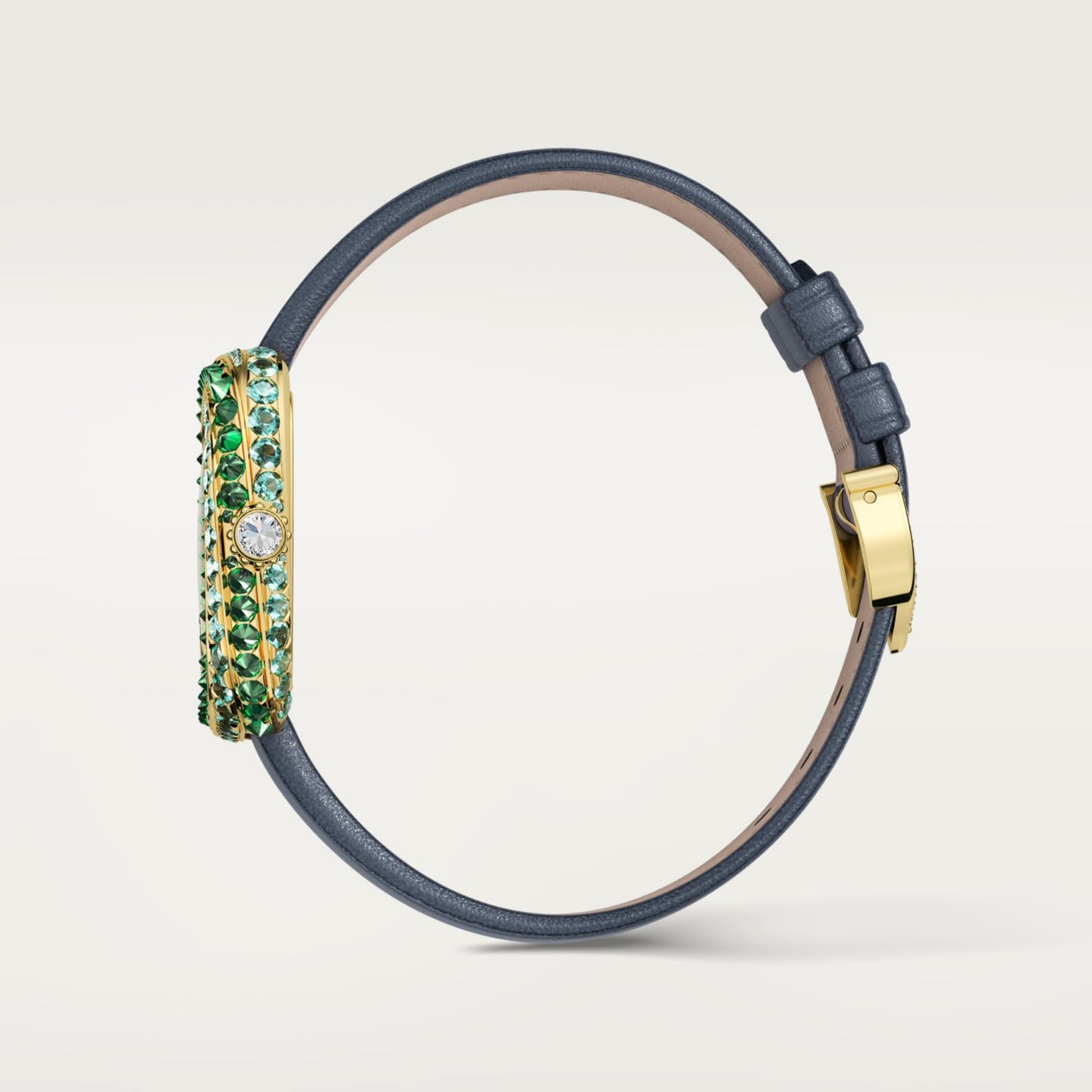 Montre Coussin de Cartier — Moyen modèle, mouvement quartz, or jaune , diamants, tourmalines, tsavorites, cuir