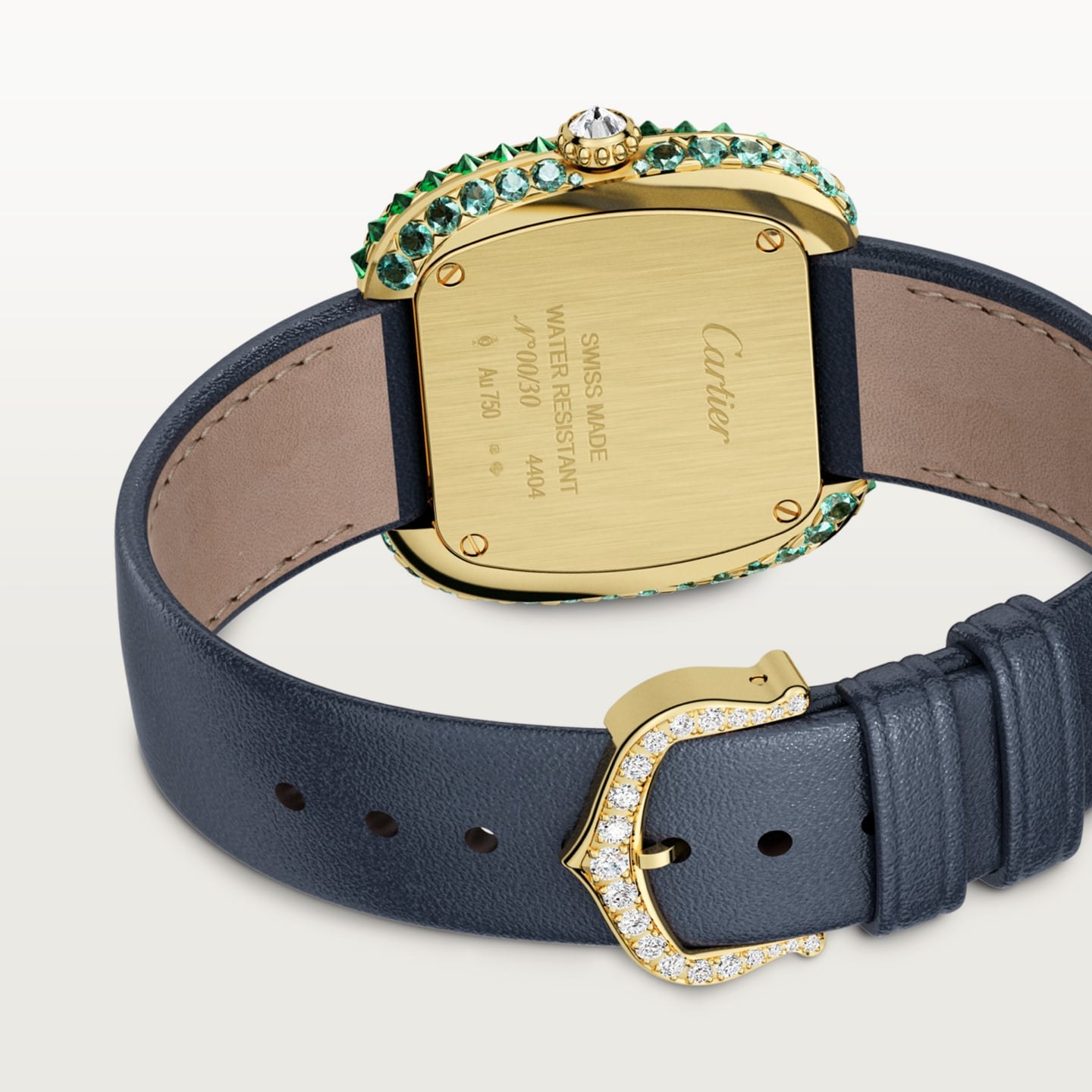 Montre Coussin de Cartier — Moyen modèle, mouvement quartz, or jaune , diamants, tourmalines, tsavorites, cuir