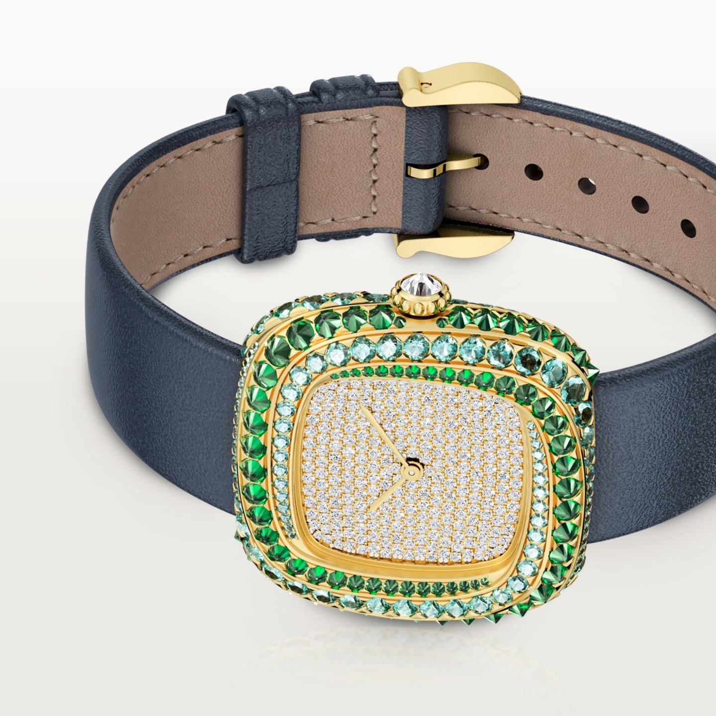 Montre Coussin de Cartier — Moyen modèle, mouvement quartz, or jaune , diamants, tourmalines, tsavorites, cuir
