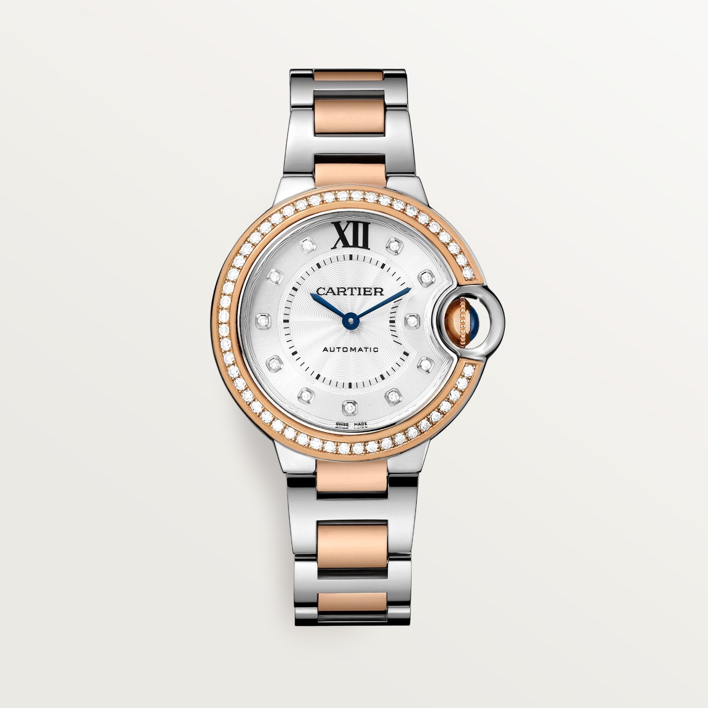 Montre Ballon Bleu de Cartier — 33 mm, mouvement mécanique automatique, or rose, acier, diamants