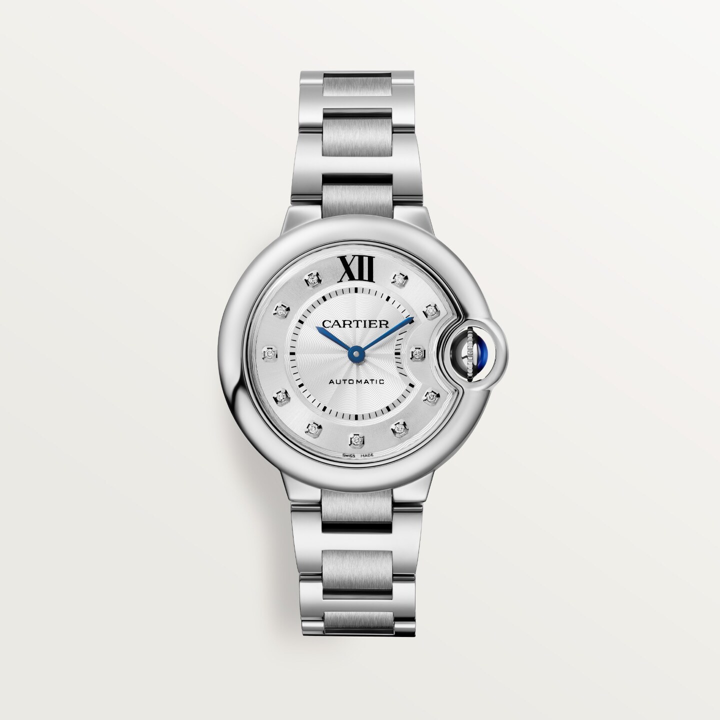 Montre Ballon Bleu de Cartier — 33 mm, mouvement mécanique automatique, acier, diamants