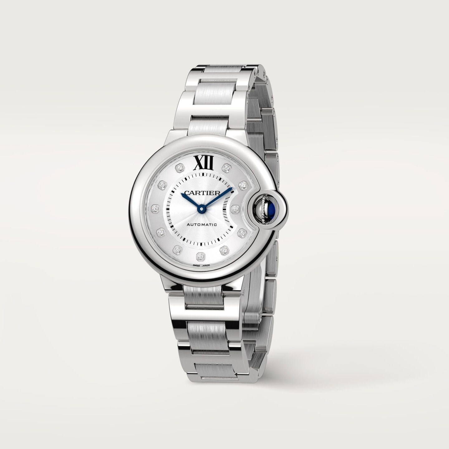 Montre Ballon Bleu de Cartier — 33 mm, mouvement mécanique automatique, acier, diamants