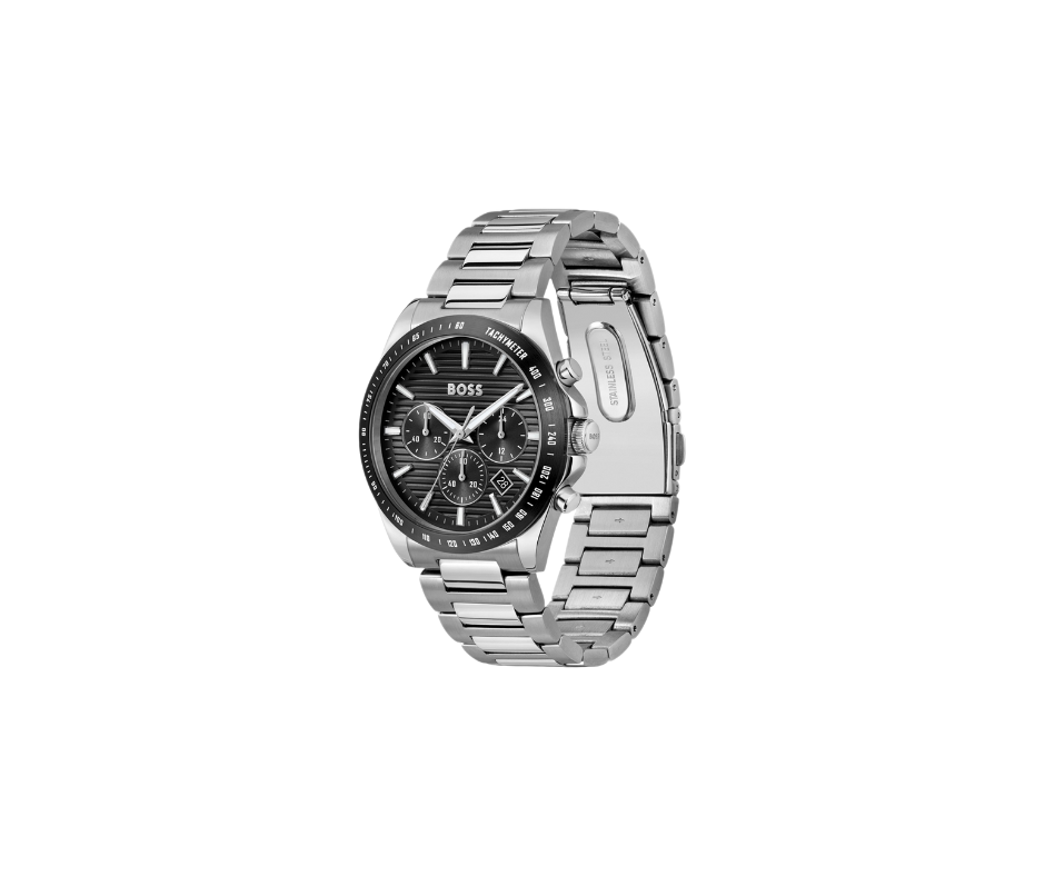 Strike Montre chronographe à cadran noir et bracelet à maillons en H