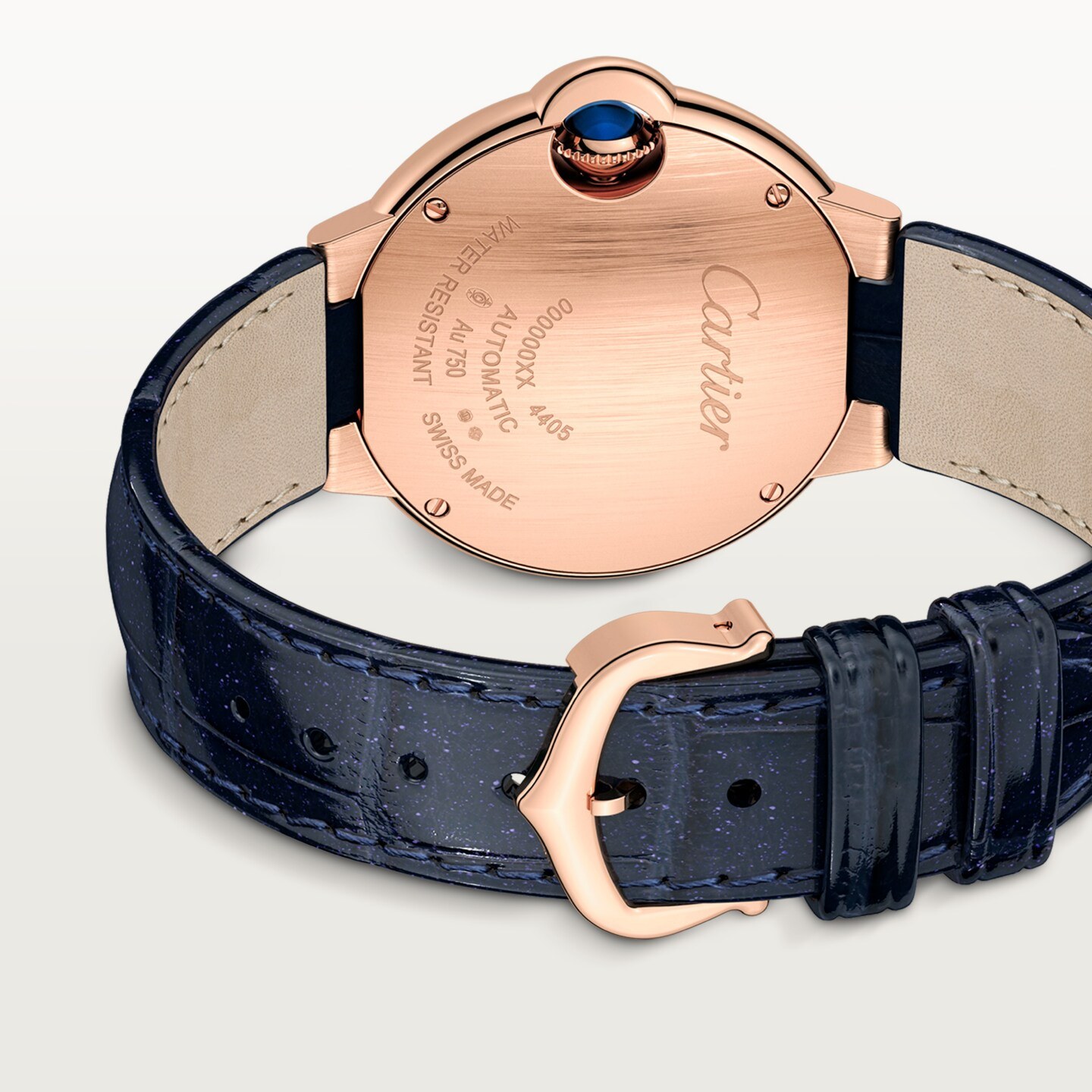 Montre Ballon Bleu de Cartier — 33mm, mouvement mécanique automatique, or rose,  diamants, cuir.