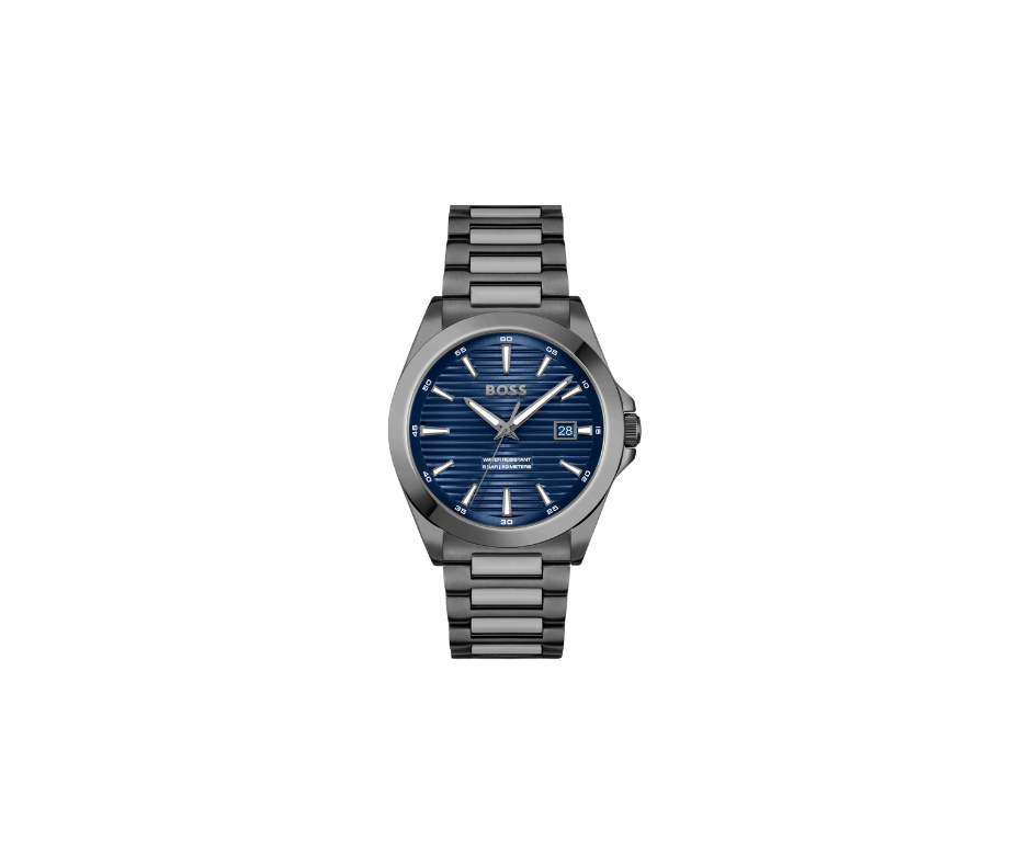 Montre plaquée grise avec cadran bleu strié