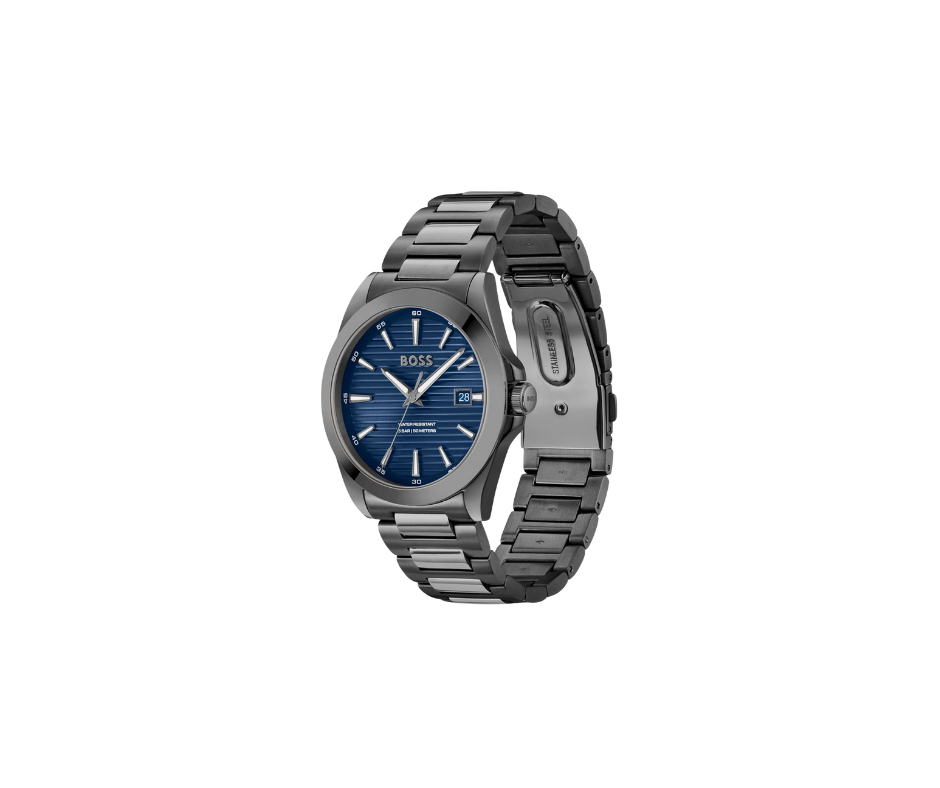 Grey-plated watch with blue ridged dial 3