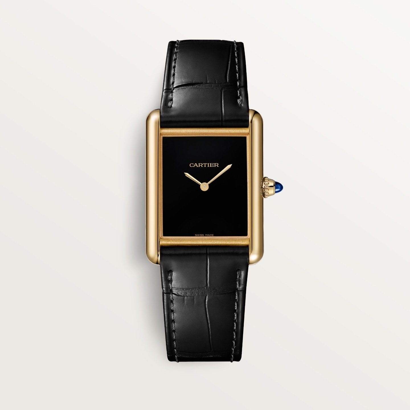 Montre Tank Louis Cartier — Moyen modèle, mouvement mécanique manuel, or jaune, cuir