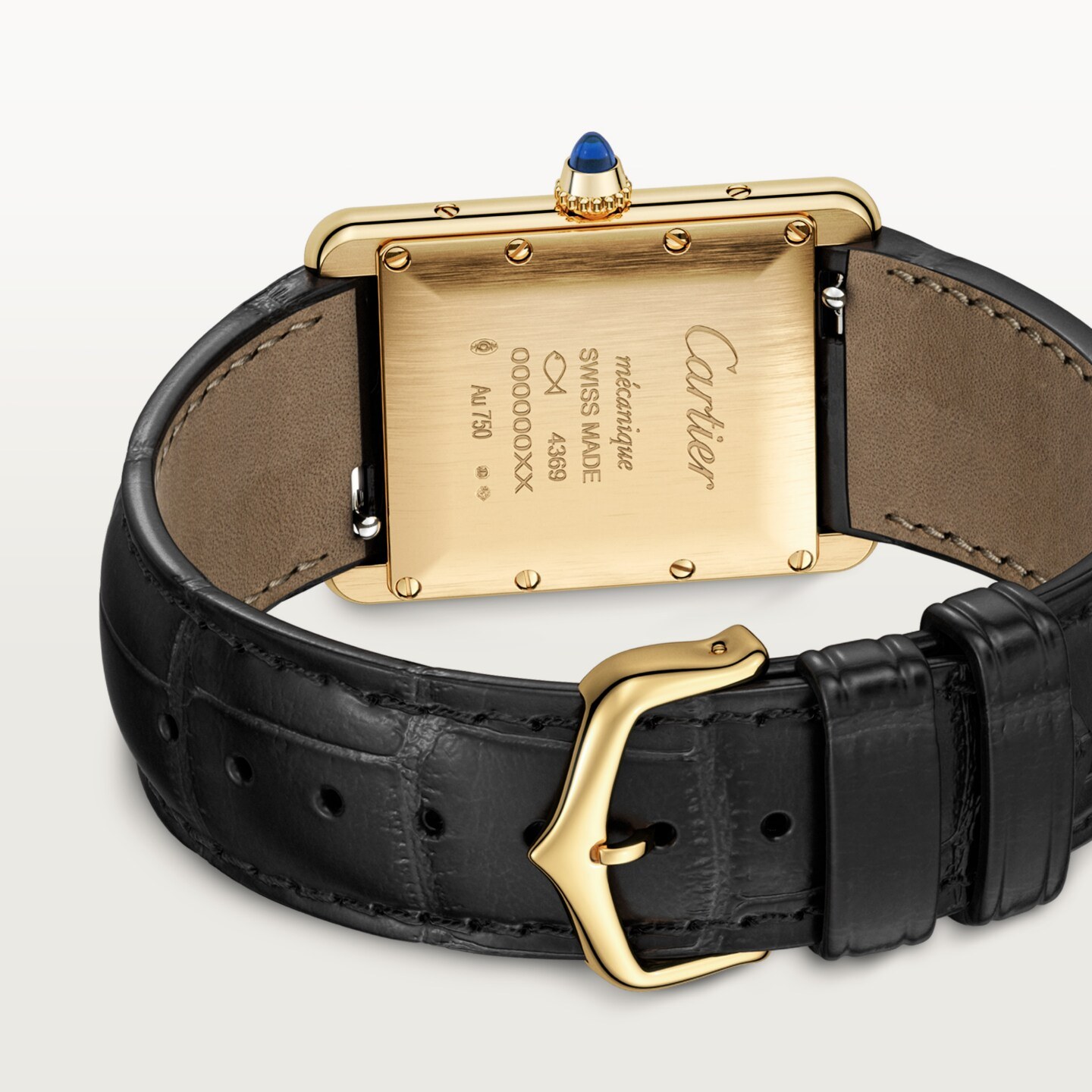 Montre Tank Louis Cartier — Moyen modèle, mouvement mécanique manuel, or jaune, cuir