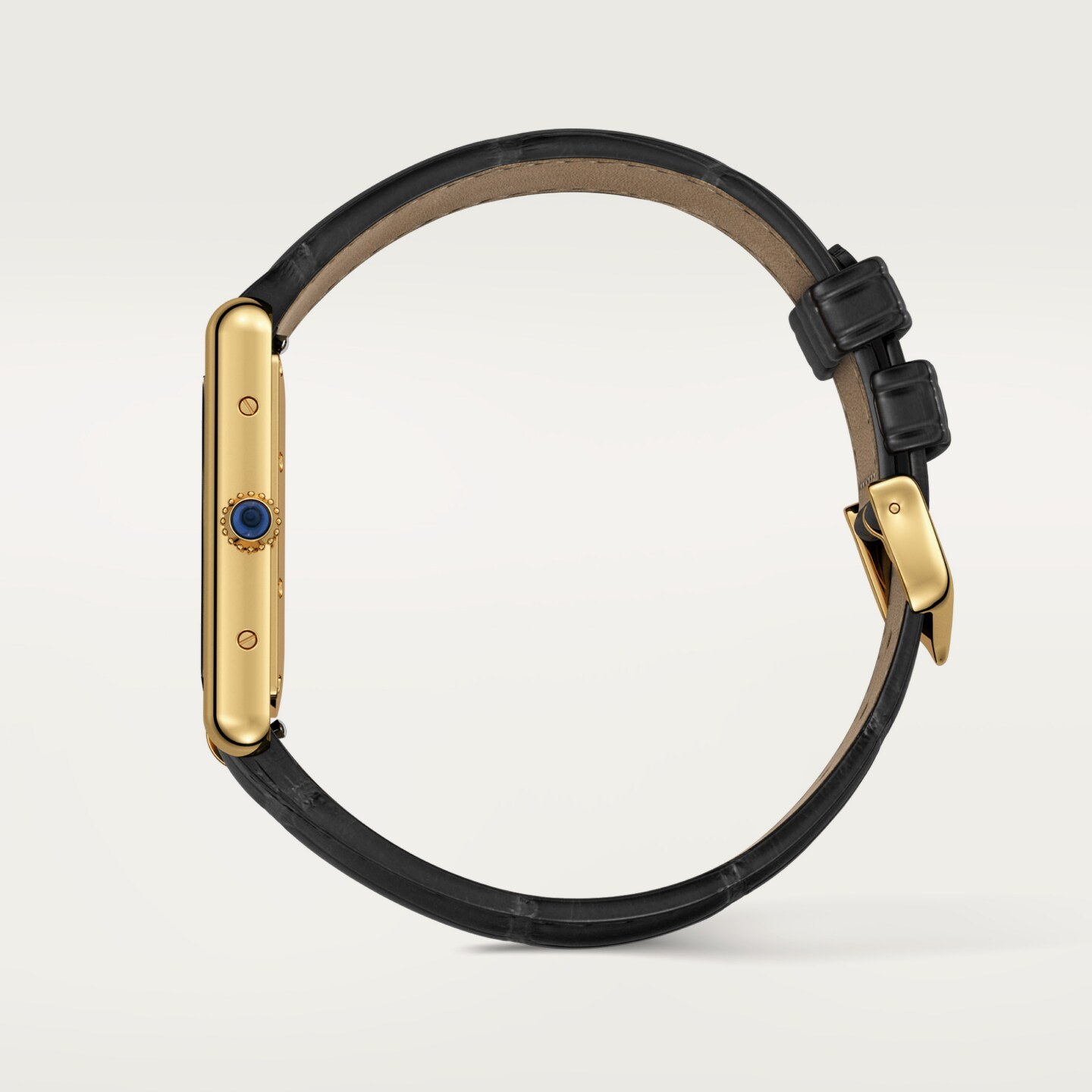 Montre Tank Louis Cartier — Moyen modèle, mouvement mécanique manuel, or jaune, cuir