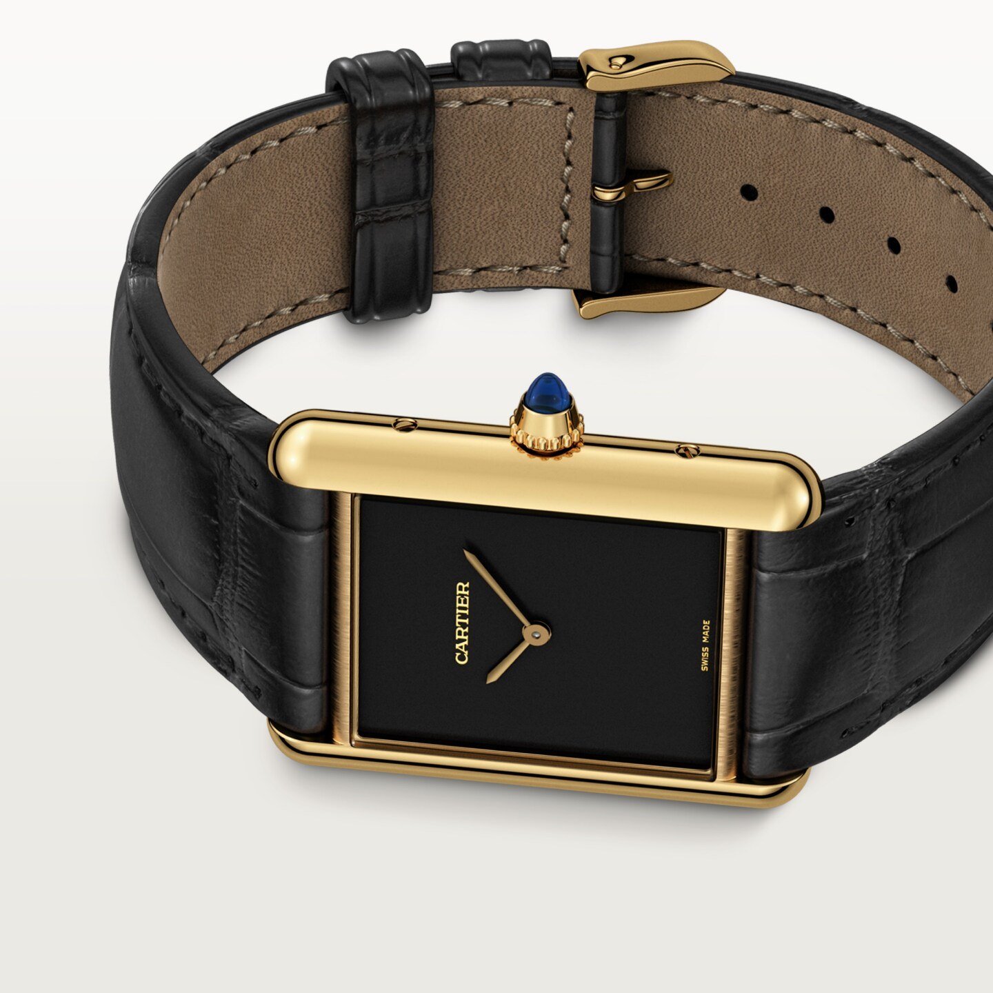 Montre Tank Louis Cartier — Moyen modèle, mouvement mécanique manuel, or jaune, cuir