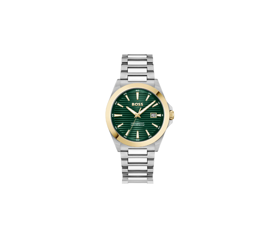 Montre STRIKE bicolore or et argent avec cadran vert rainuré