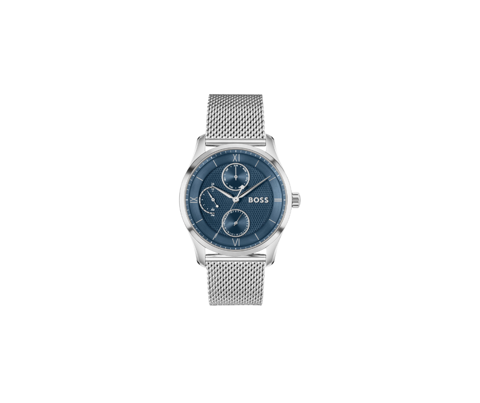 Montre à cadran bleu avec bracelet en maille