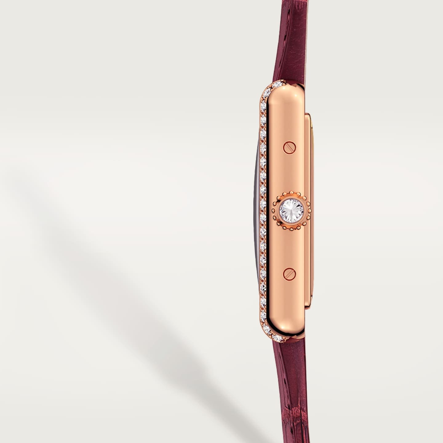 Montre Tank Louis Cartier — Petit modèle, mouvement mécanique manuel, or rose, diamants, cuir