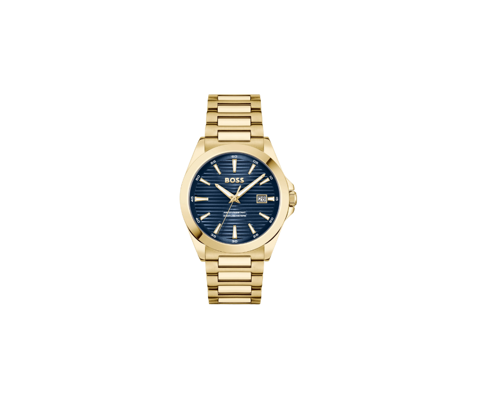 Montre dorée avec cadran bleu strié