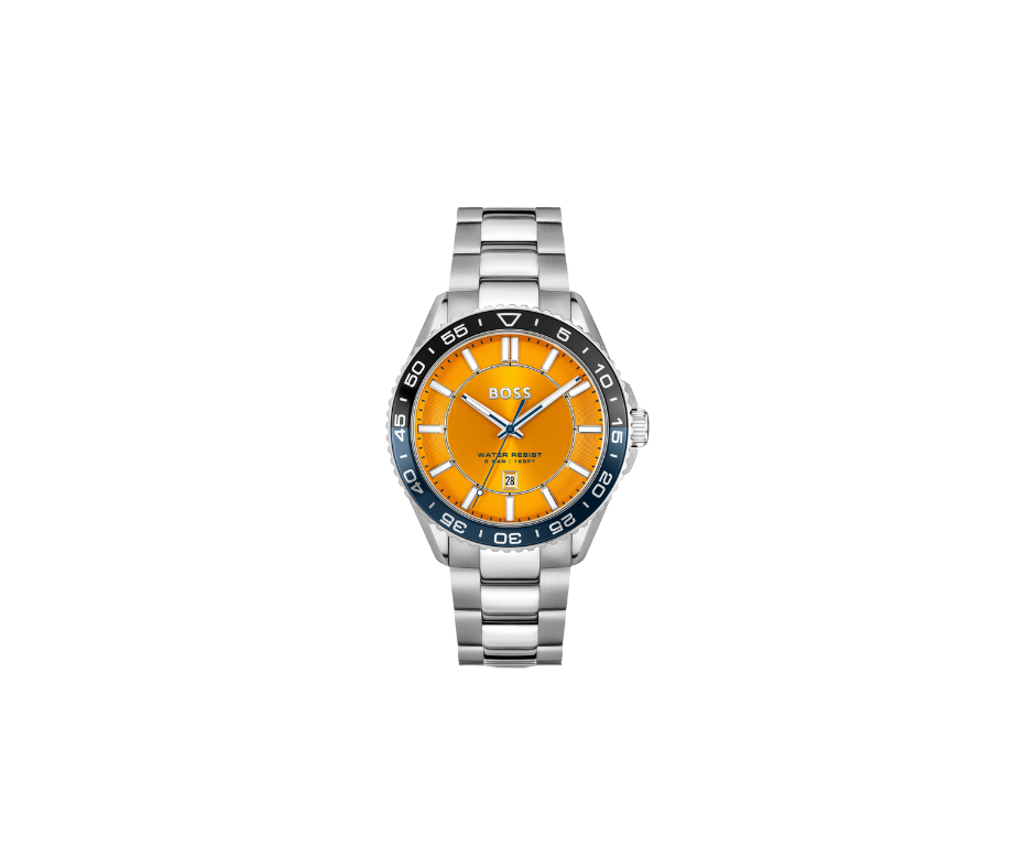 Montre argentée avec cadran orange et lunette tournante