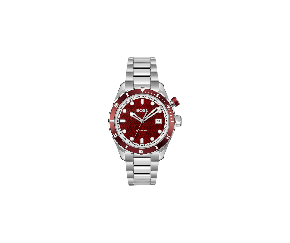 Montre automatique argentée avec cadran rouge texturé à monogramme