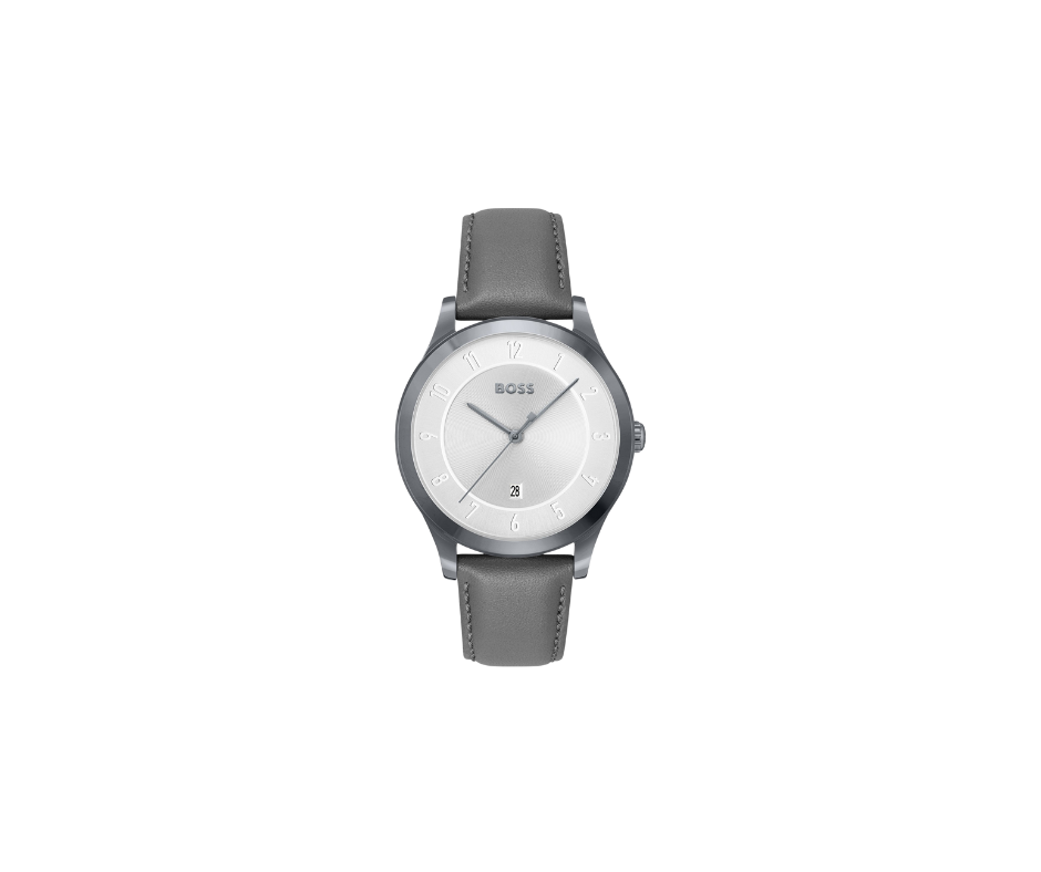 Montre plaquée grise avec bracelet en cuir