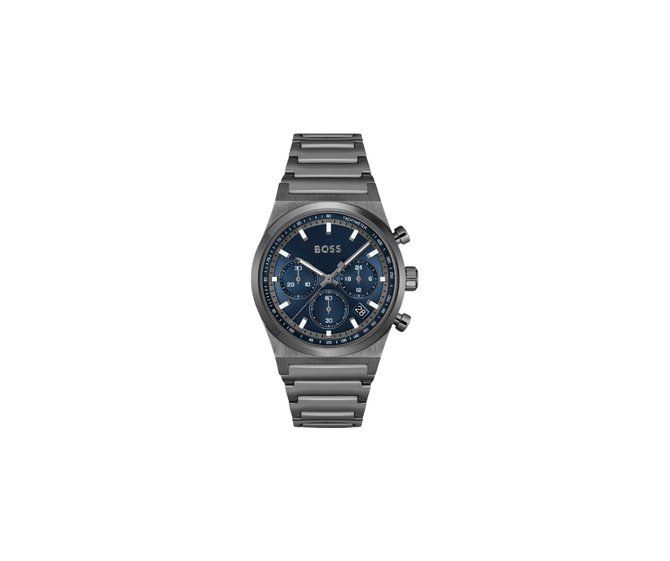 Montre chronographe en acier plaqué gris à cadran bleu