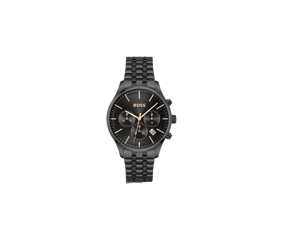 AVERY Montre chronographe en acier plaqué noir avec bracelet à maillons multiples