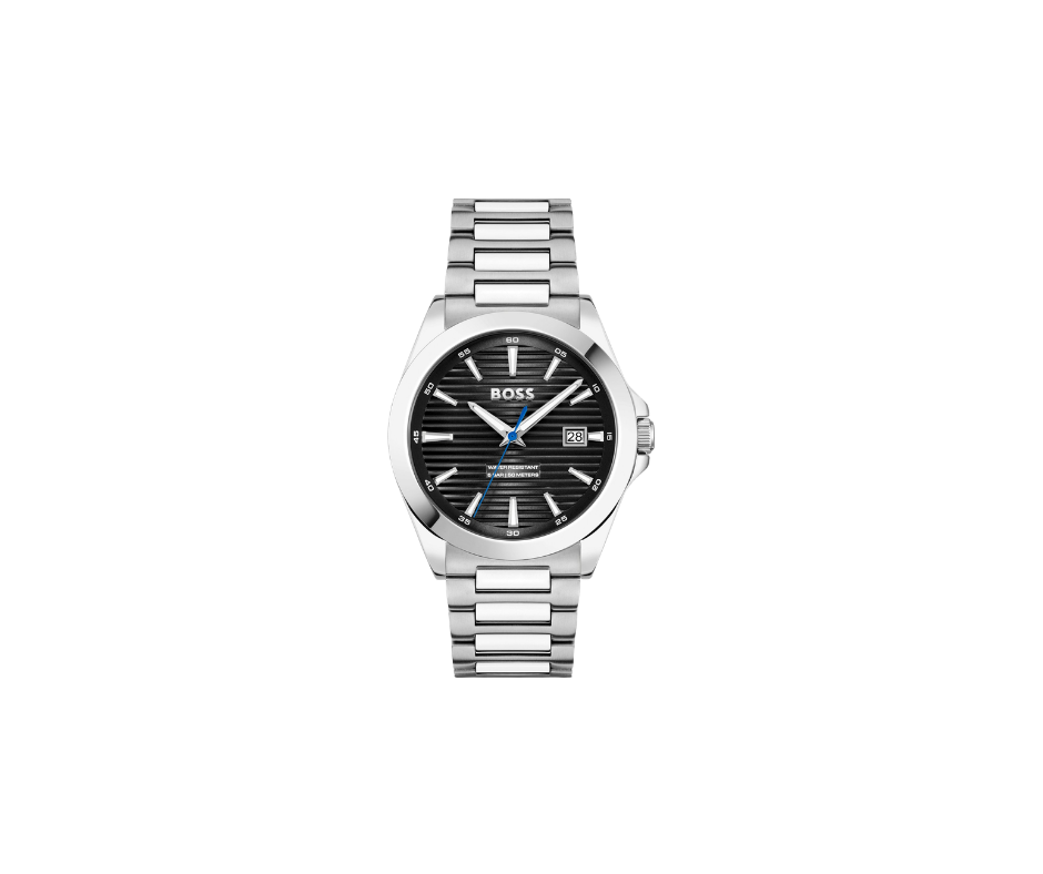 Montre argentée à cadran rainuré noir