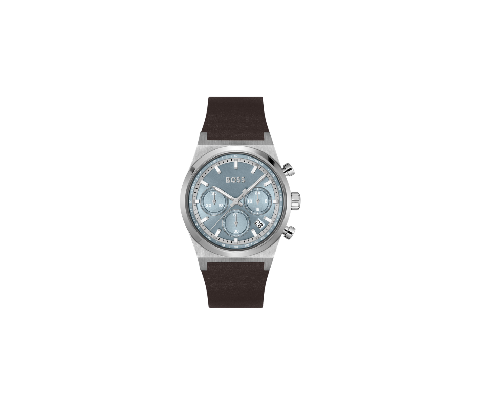 Montre chronographe argentée avec bracelet en cuir marron